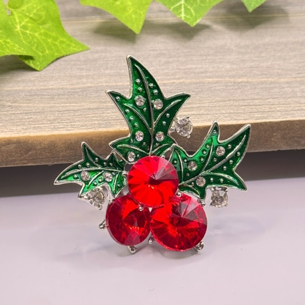 Festive Holly Brooch with Red and Green Crystals
